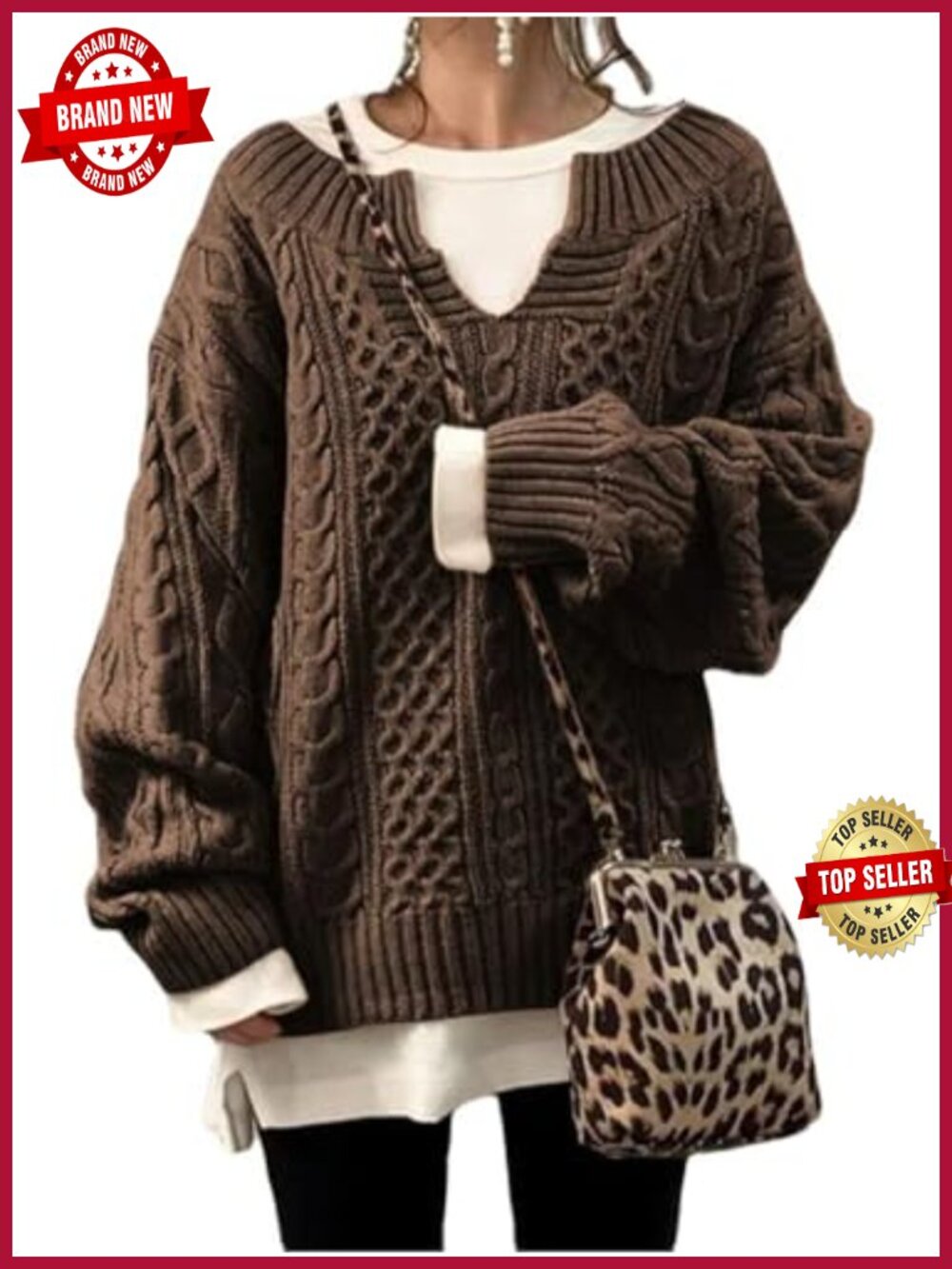 Women's Chunky V Neck Cable Knit Sweater Pullover Loose Fit Winter